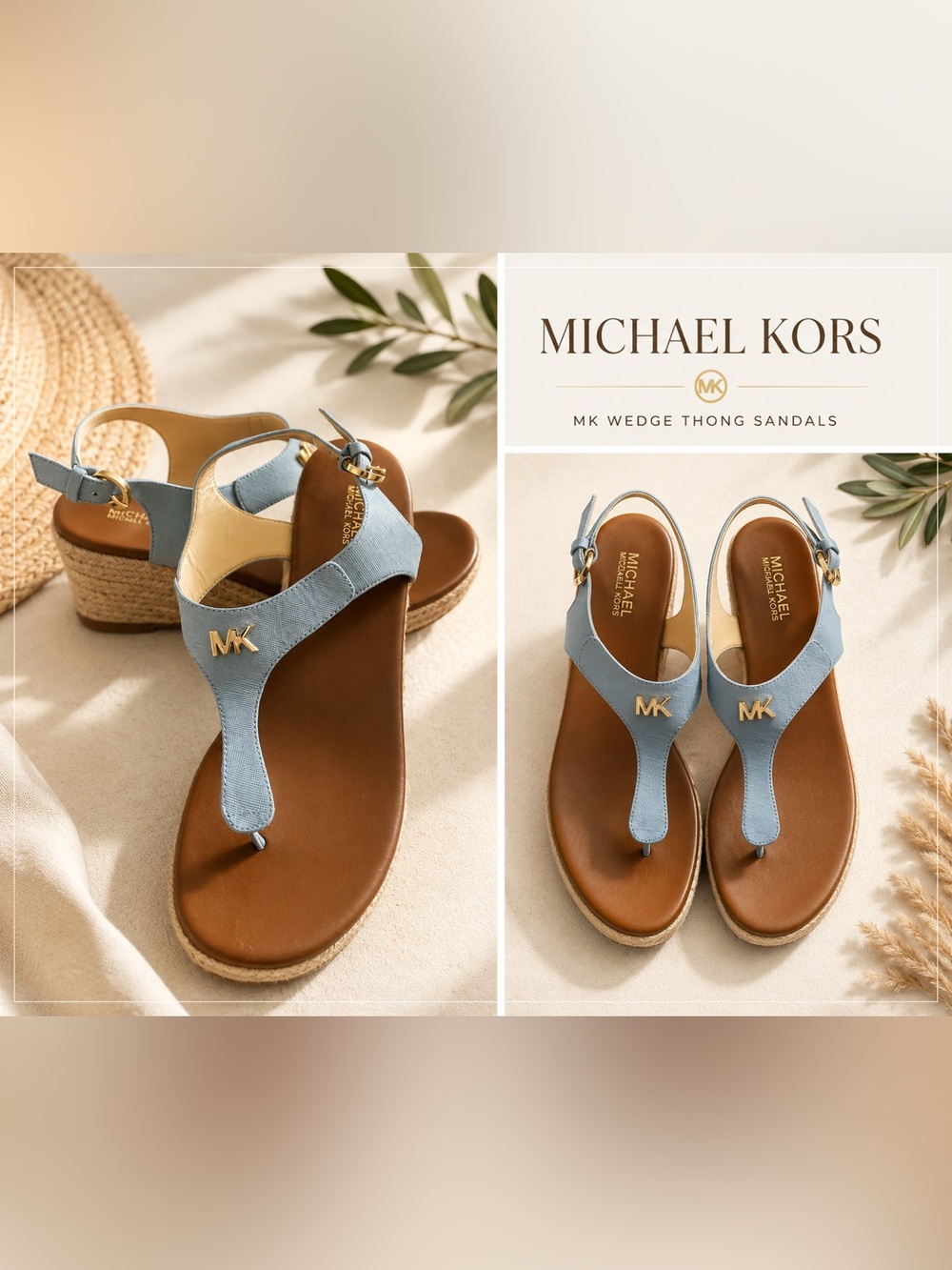 Michael Kors Light Blue MK Logo Espadrille Wedge Sandals